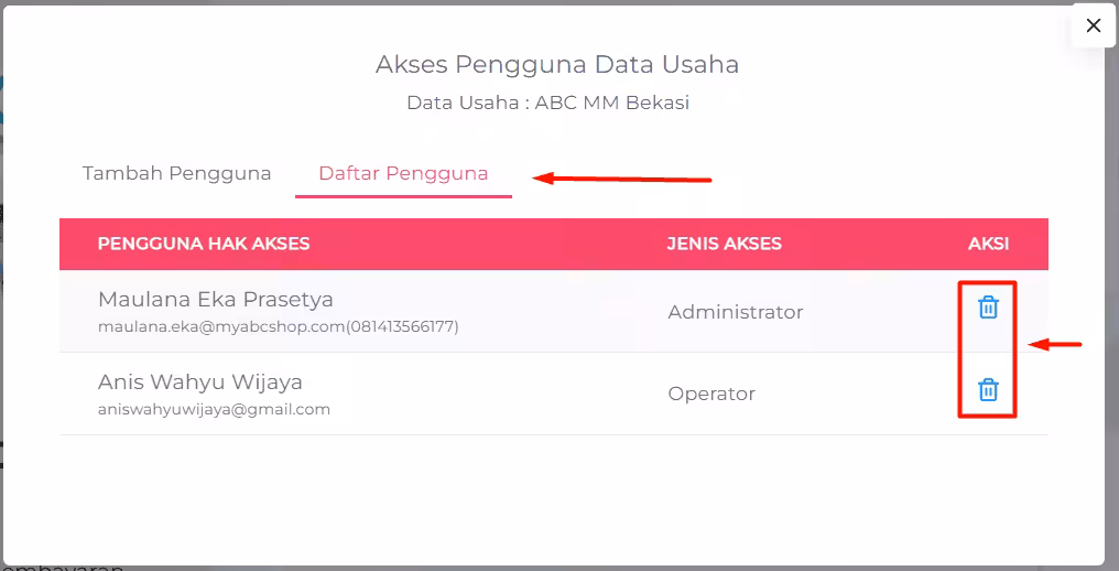 cara hapus pengguna di Accurate Online
