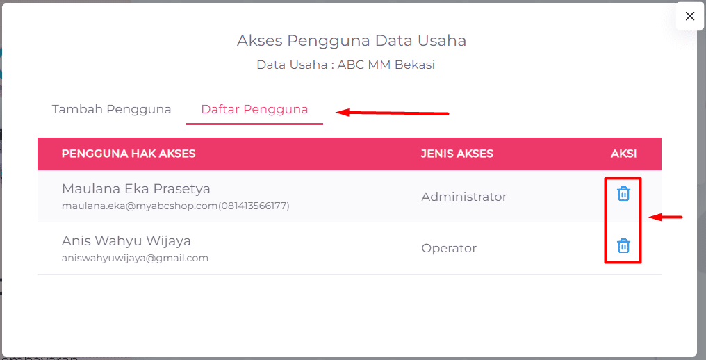 cara hapus pengguna di Accurate Online