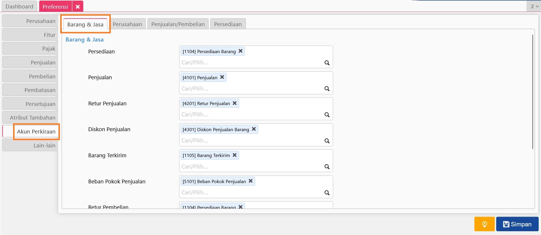 akun perkiraan di fitur preferensi accurate online