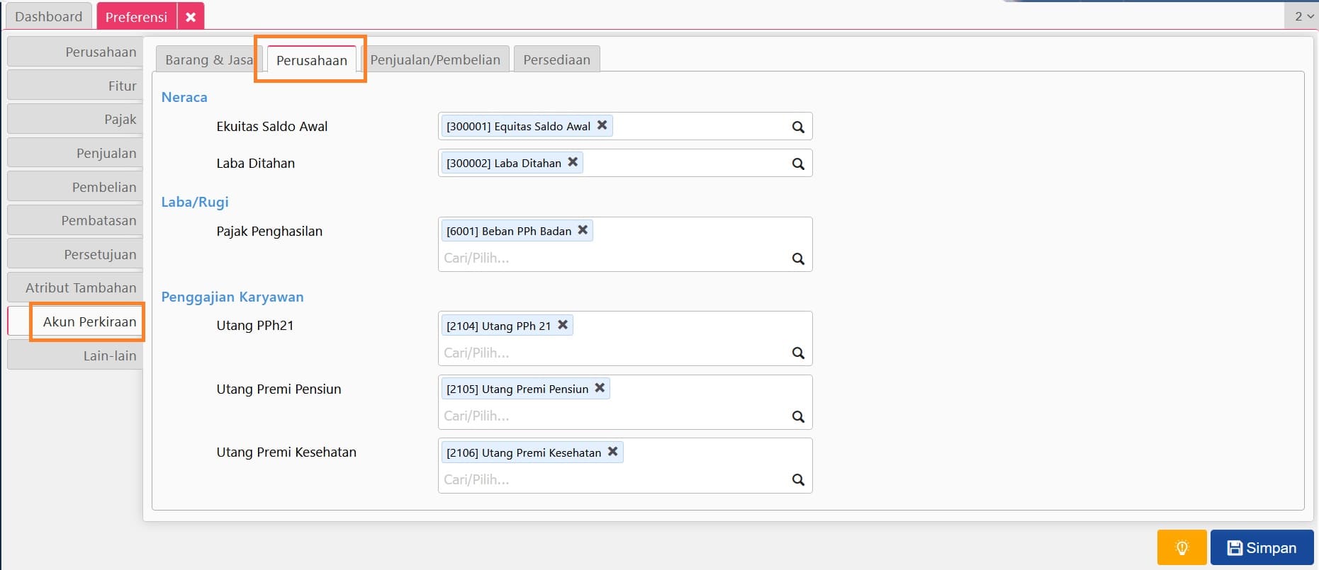 akun perkiraan di fitur preferensi accurate online