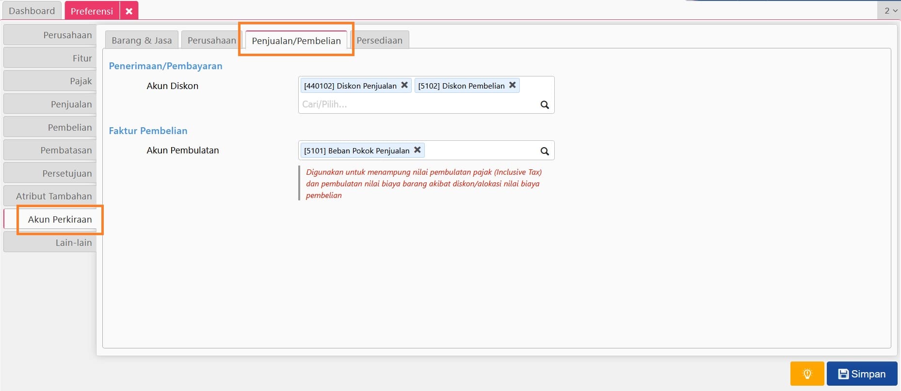 akun perkiraan di fitur preferensi accurate online