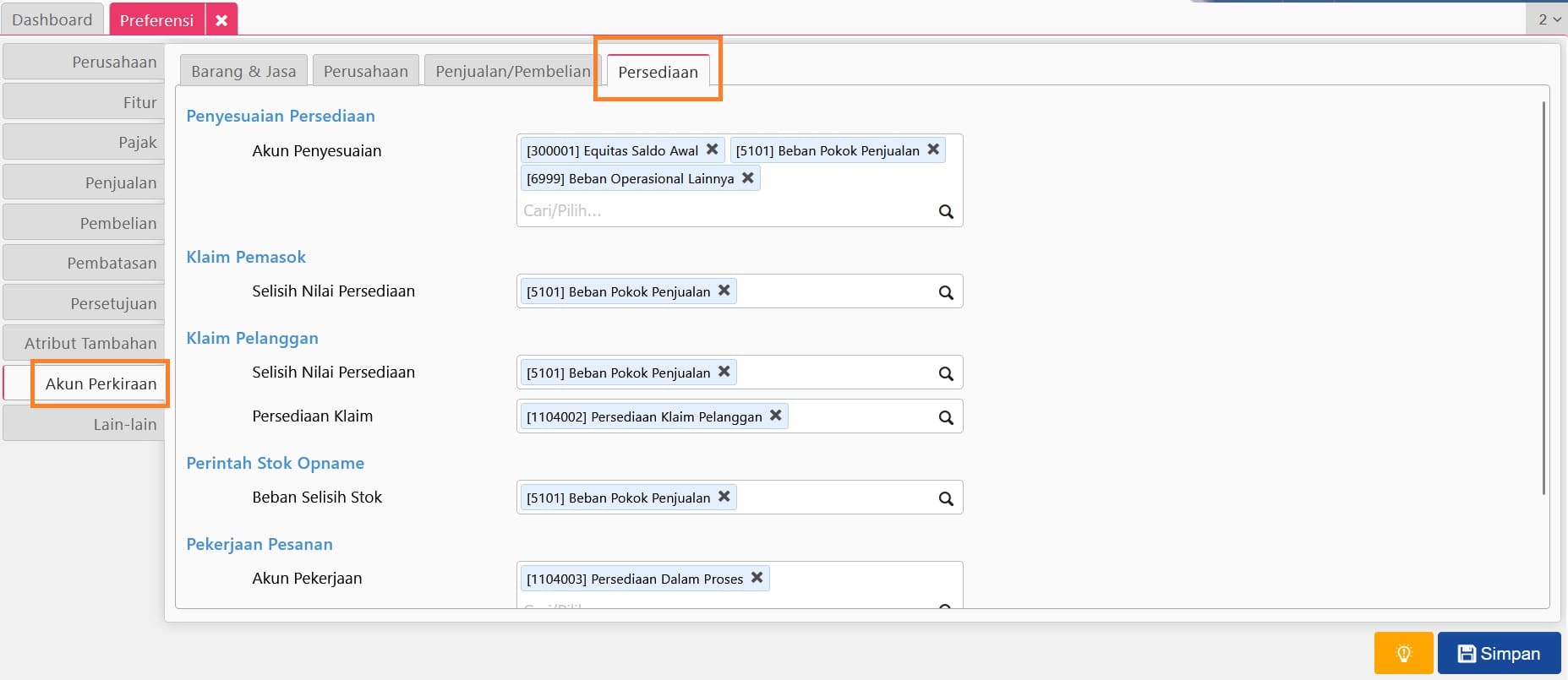 akun perkiraan di fitur preferensi accurate online