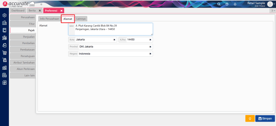 pengaturan pajak di fitur preferensi accurate online
