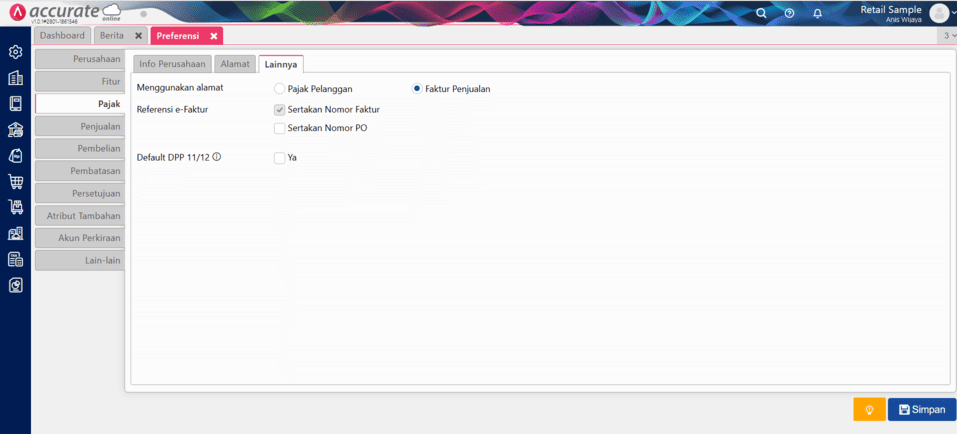 pengaturan pajak di fitur preferensi accurate online