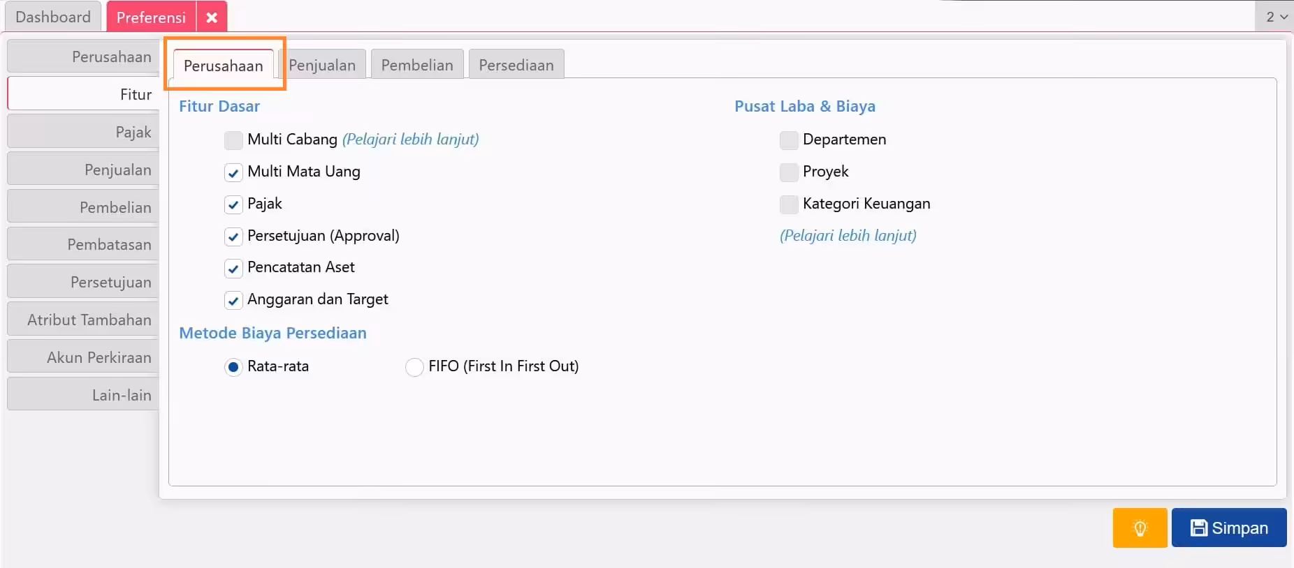 Pengaturan Fitur di Preferensi Accurate Online Pengaturan Fitur di Preferensi Accurate Online