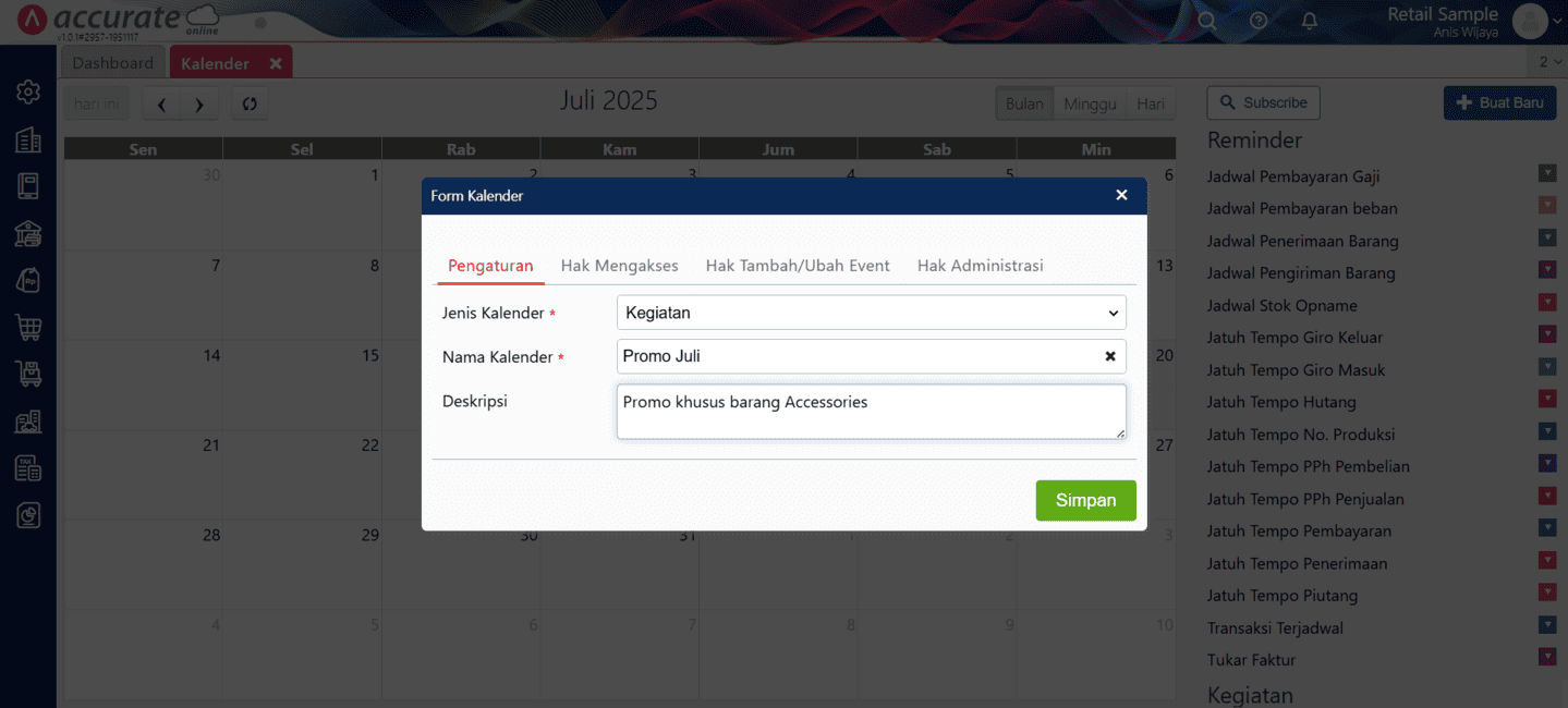 fitur kalender di Accurate Online