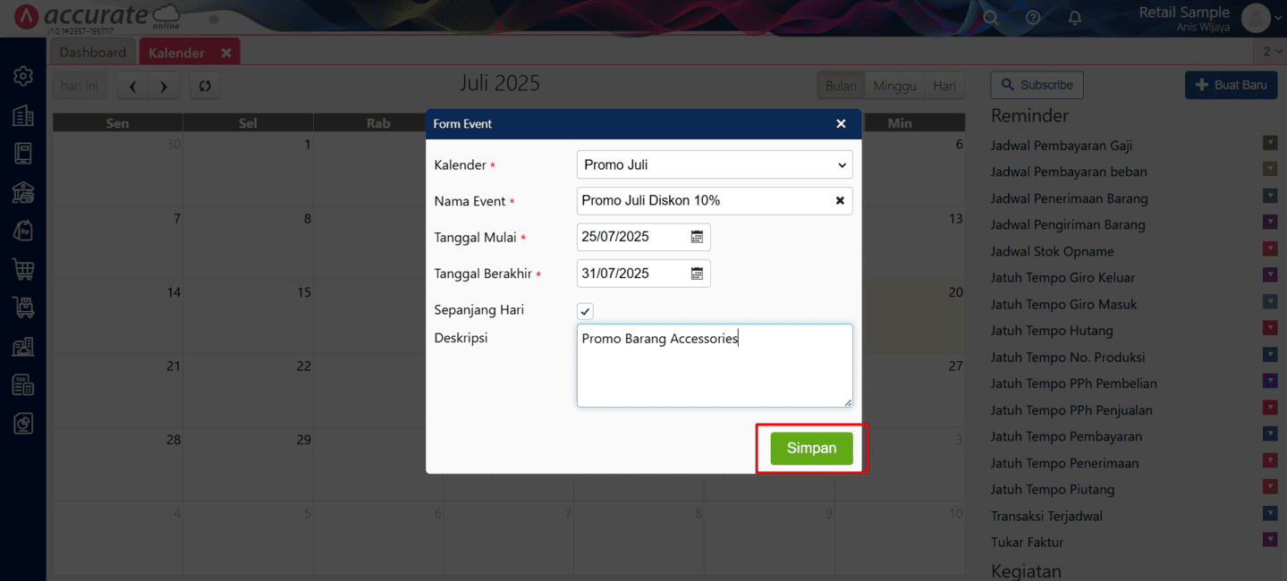 fitur kalender di Accurate Online