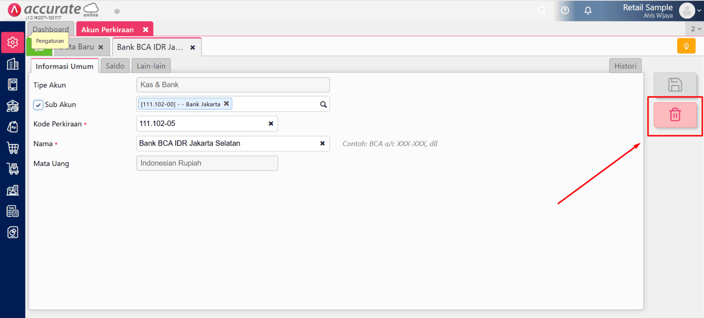 Menghapus akun perkiraan di Accurate Online