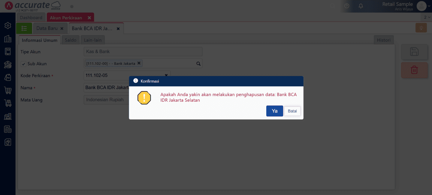 Menghapus akun perkiraan di Accurate Online
