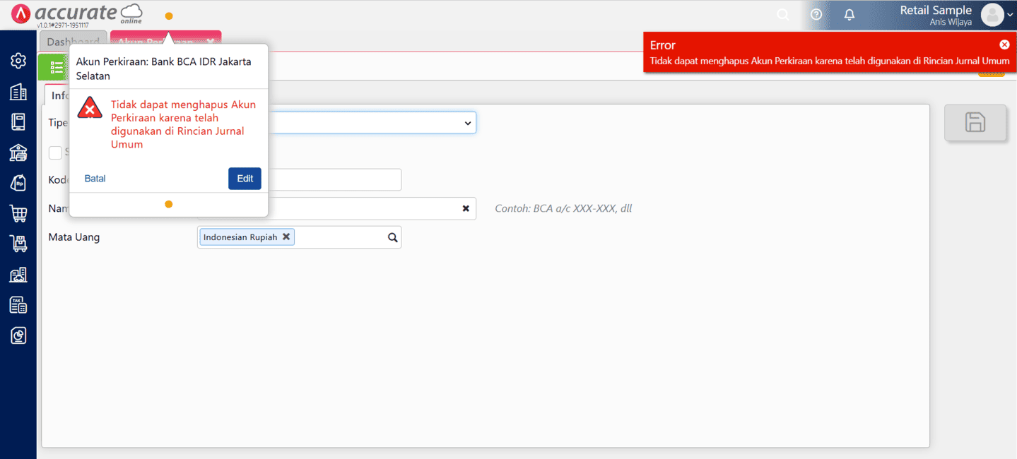 Menghapus akun perkiraan di Accurate Online