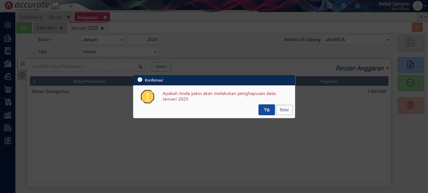 menghapus anggaran di Accurate Online