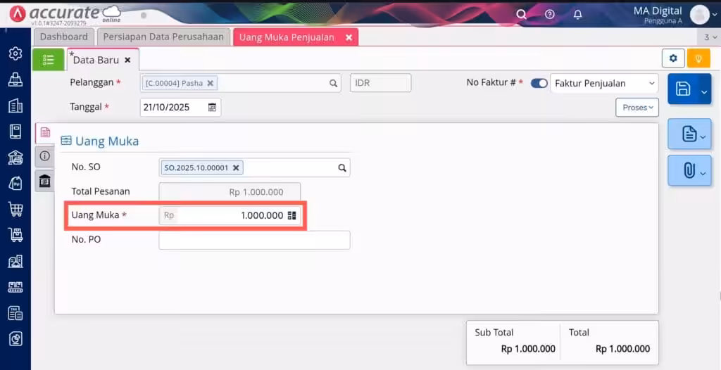 membuat uang muka penjualan dari pesanan di Accurate Online