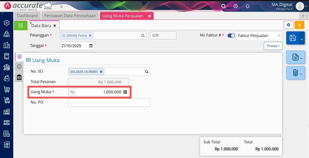 membuat uang muka penjualan dari pesanan di Accurate Online membuat uang muka penjualan dari pesanan di Accurate Online