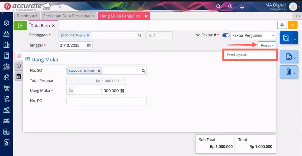 membuat uang muka penjualan dari pesanan di Accurate Online