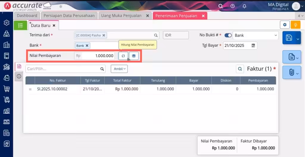 membuat uang muka dari pesanan di Accurate Online