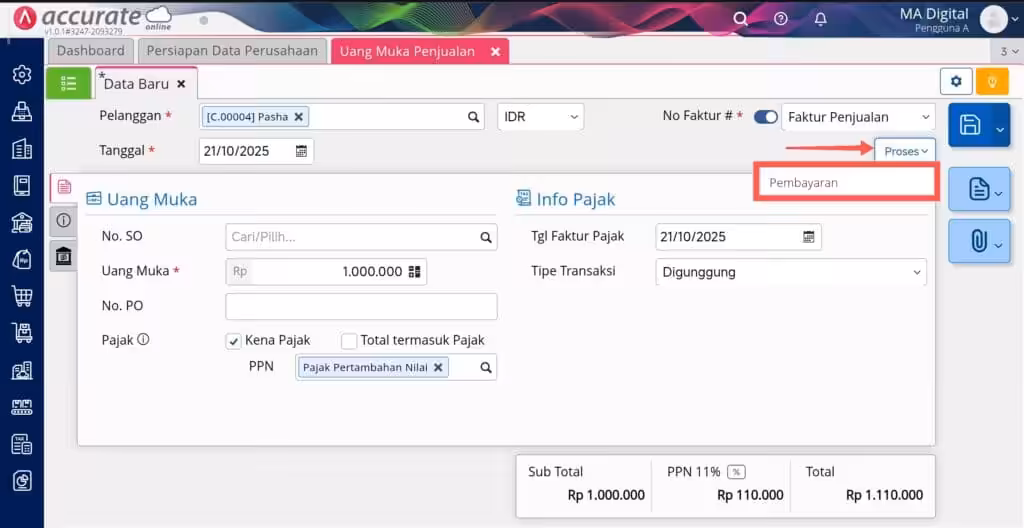 membuat uang muka penjualan di Accurate Online membuat uang muka penjualan di Accurate Online