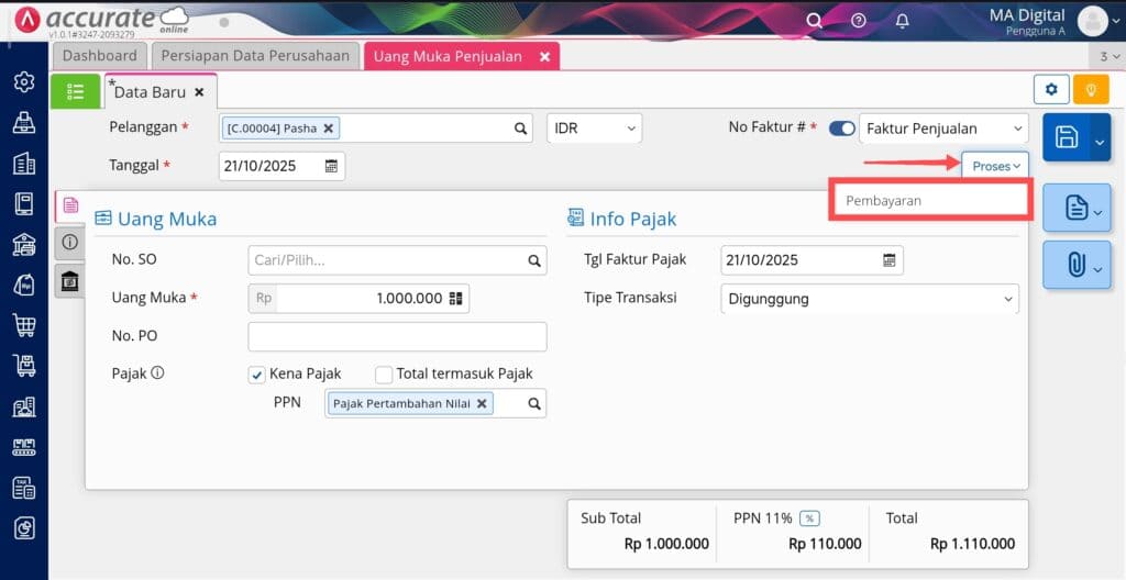 membuat uang muka penjualan di Accurate Online membuat uang muka penjualan di Accurate Online