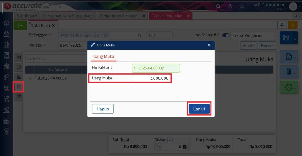 membuat uang muka penjualan secara bertahap