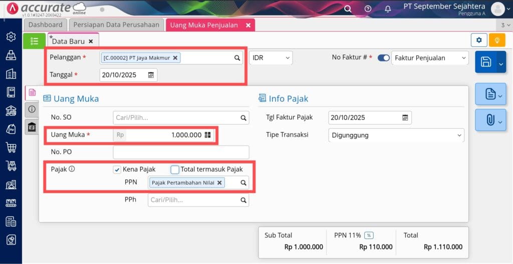 Membuat faktur penjualan dipotong dari uang muka penjualan