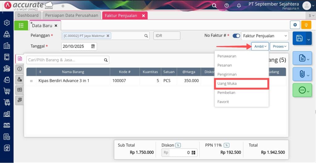 Membuat faktur penjualan dipotong dari uang muka penjualan