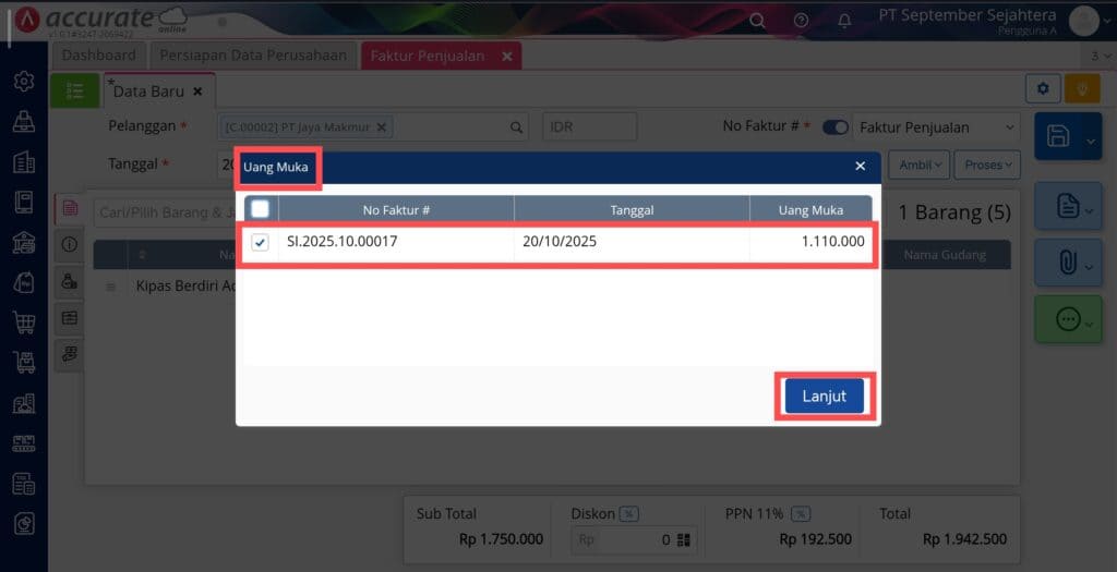 Membuat faktur penjualan dipotong dari uang muka penjualan