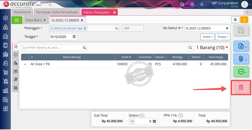 menghapus faktur penjualan di accurate online