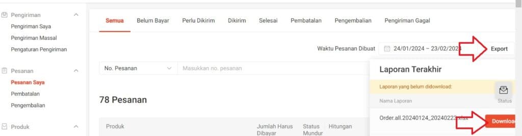 ekspor data penjualan dari shopee
