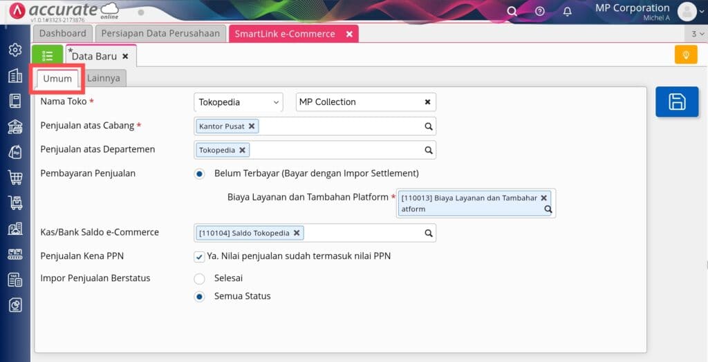 pengaturan smartlink tokopedia di Accurate Online