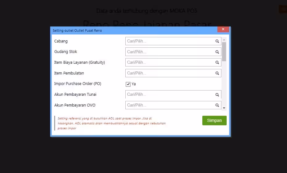 perlakukan integrasi Accurate Online dengan Moka Pos