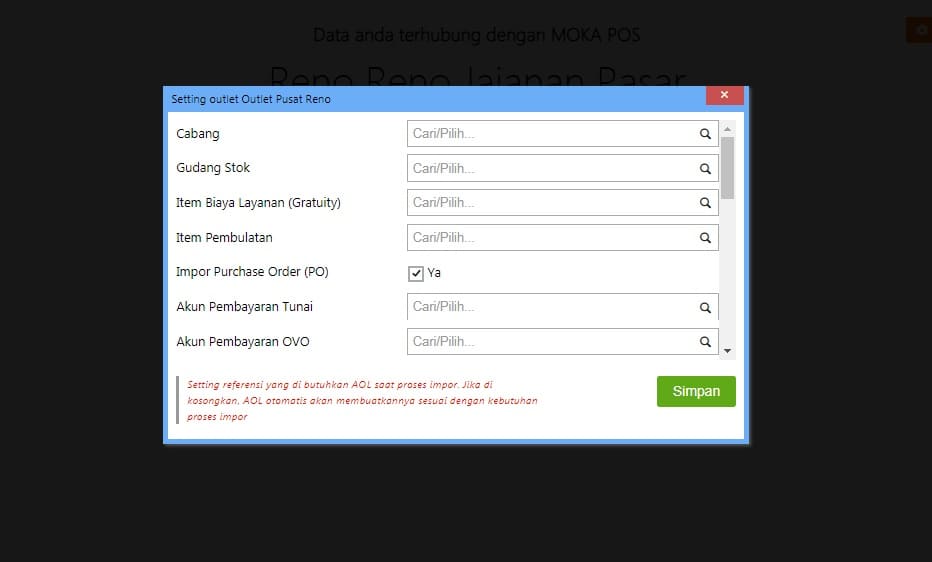 Perlakuan Integrasi Accurate Online ke Moka POS