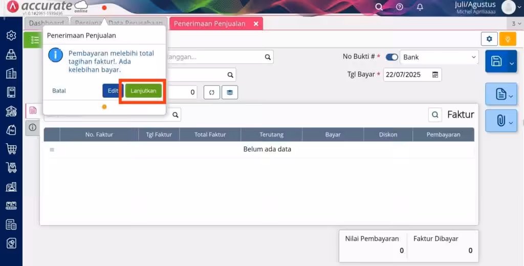 mencatat kelebihan pembayaran overpay di penerimaan penjualan
