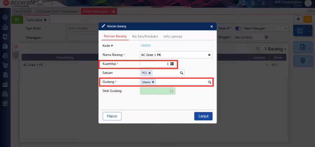 membuat klaim pelanggan dengan kirim barang