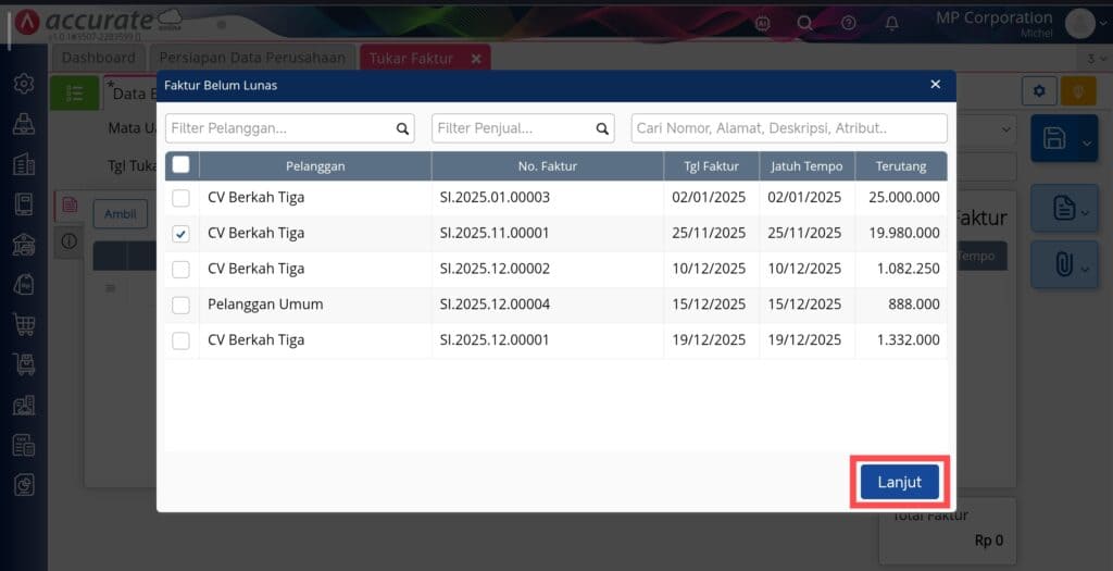 membuat tukar faktur di Accurate Online