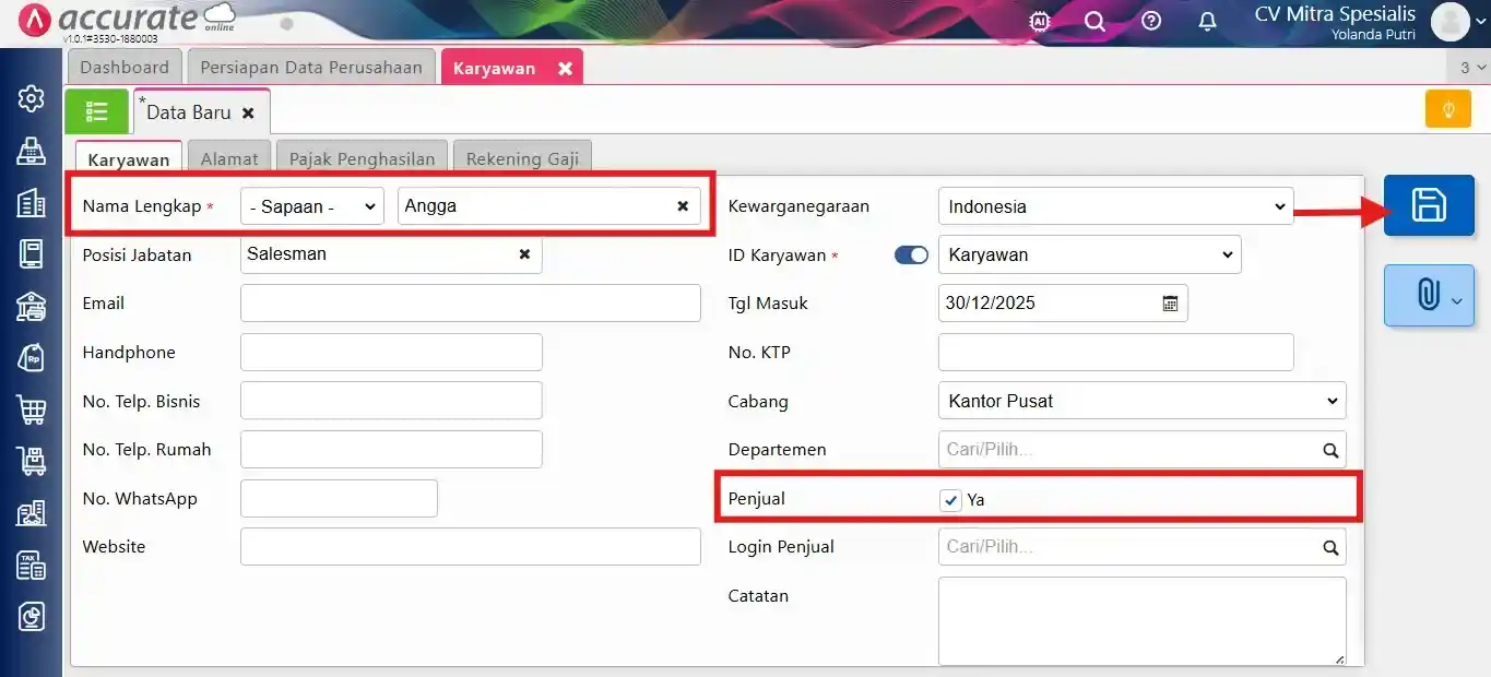 menambah nama sales pada saldo awal piutang pelanggan