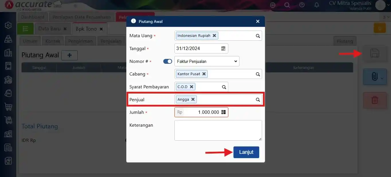 menambah nama sales pada saldo awal piutang pelanggan