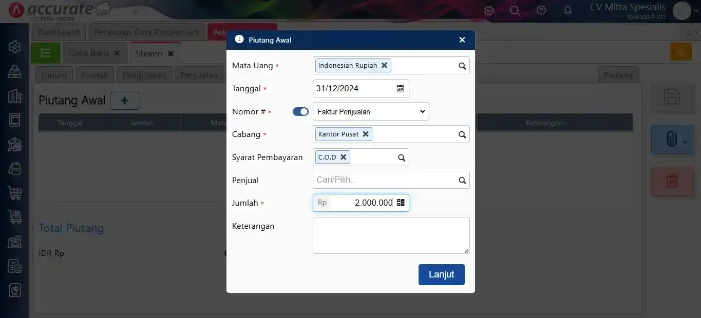 menambah saldo awal piutang pelanggan