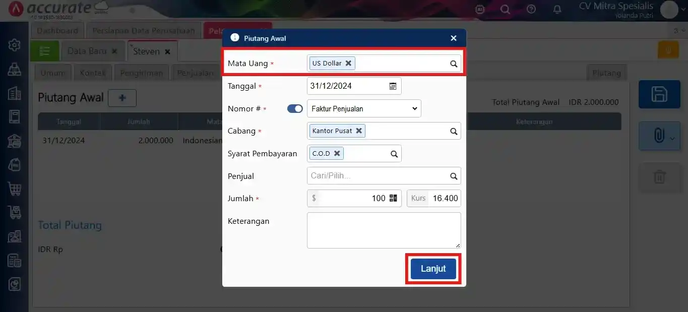 menambah saldo awal piutang pelanggan