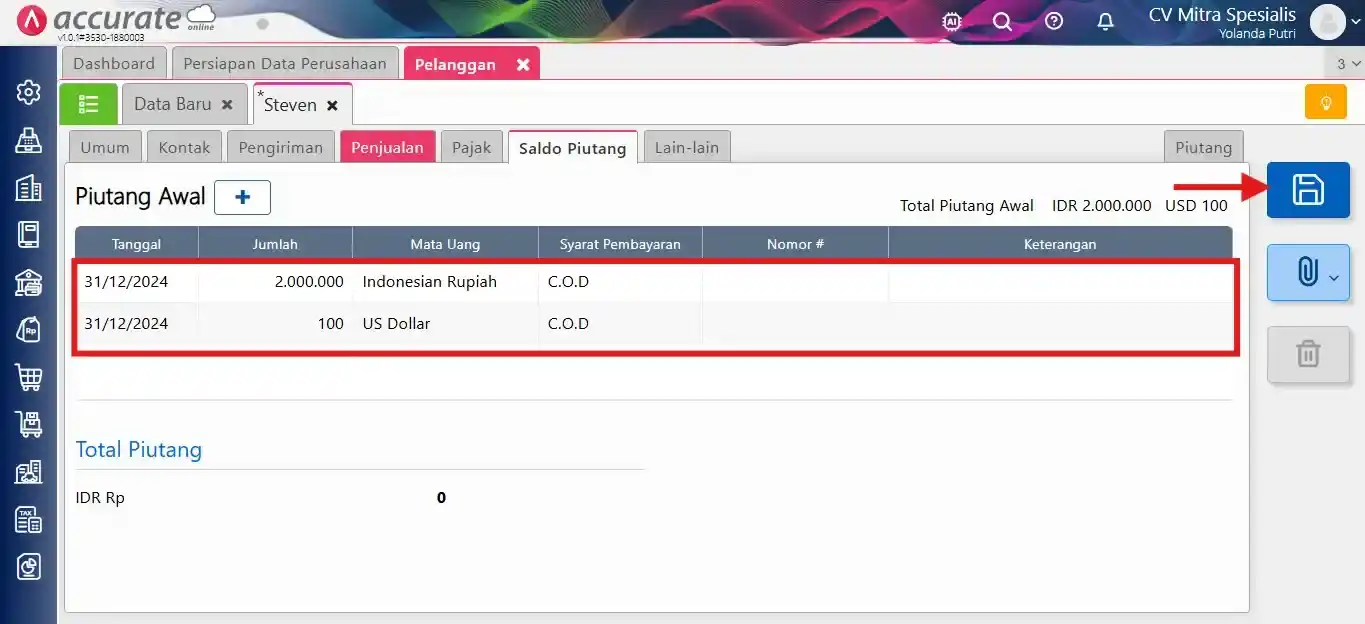 menambah saldo awal piutang pelanggan