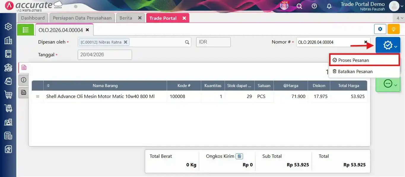 proses pesanan di trade portal accurate online