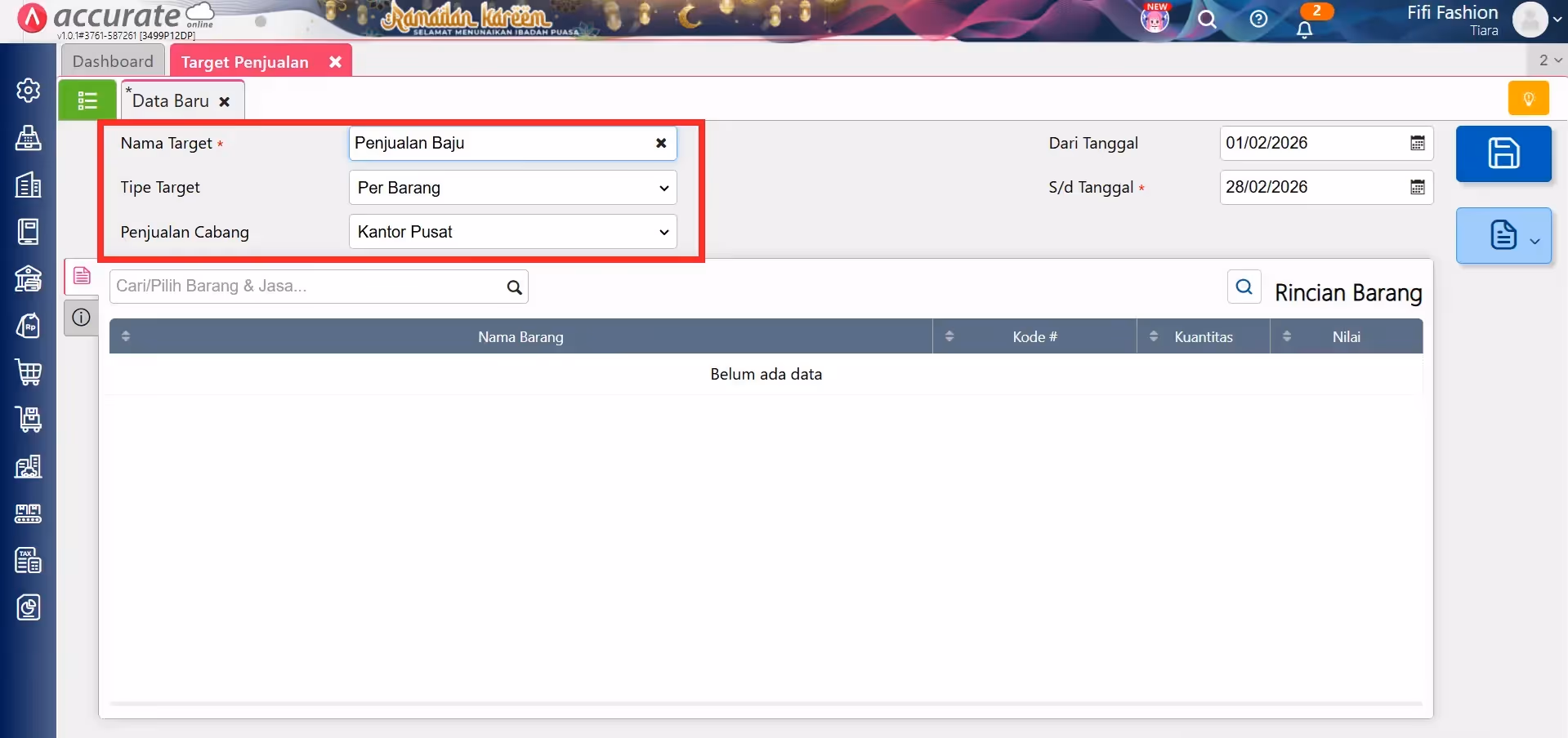 membuat target penjualan di Accurate Online membuat target penjualan di Accurate Online dengan mengisi informasi target, tipe dan cabang