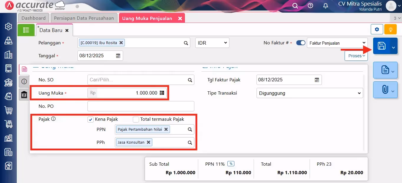membuat uang muka dikenakan pph23 002