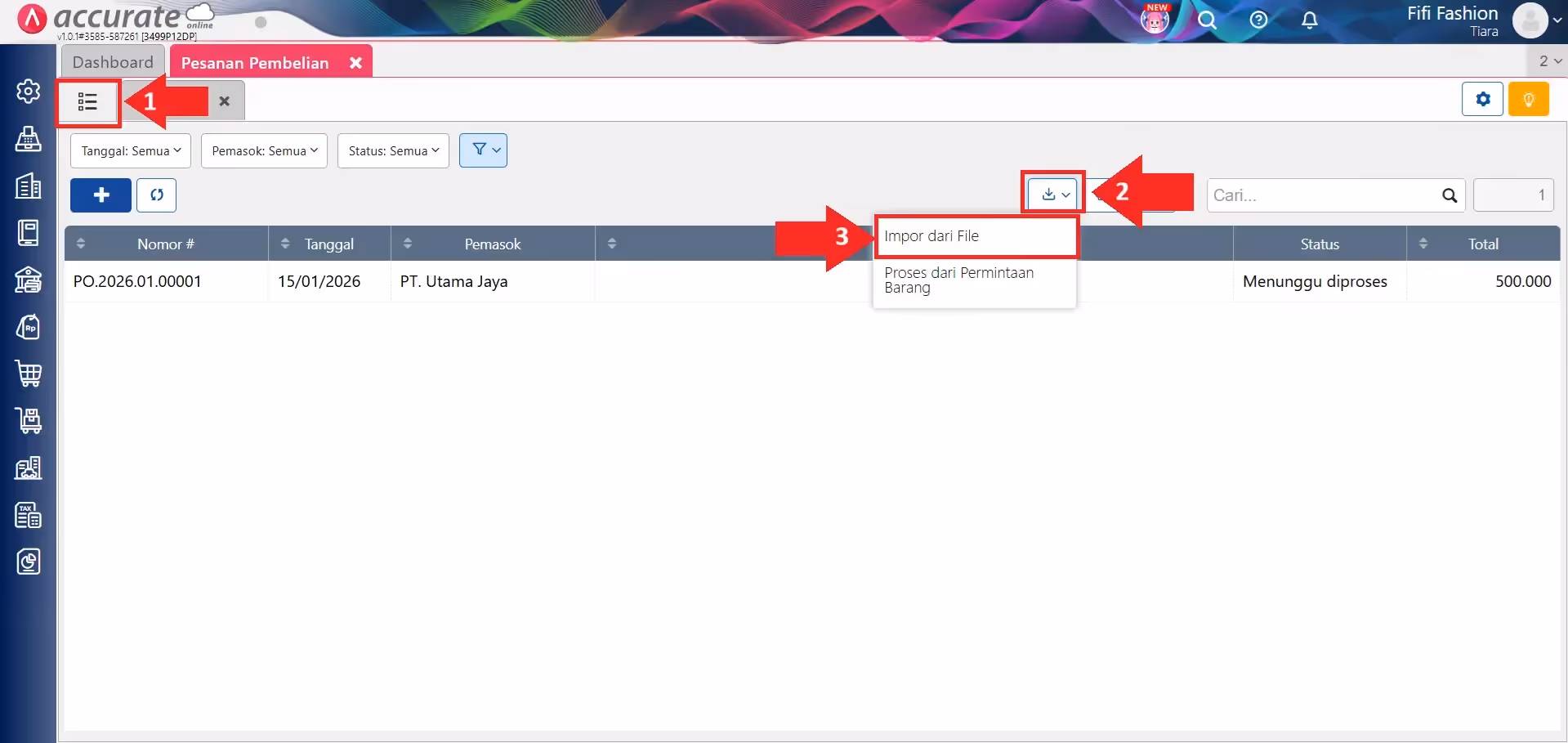langkah download template excel : impor transaksi pesanan pembelian dari excel