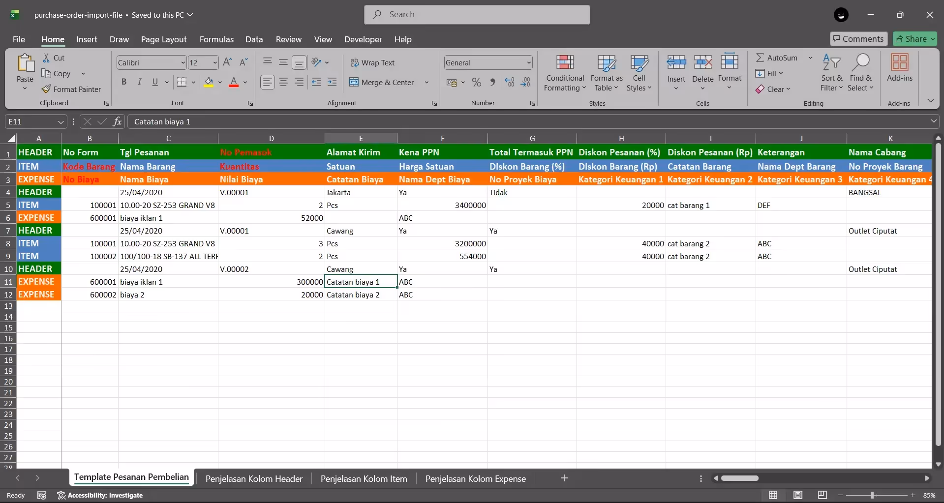 template excel : impor transaksi pesanan pembelian dari excel