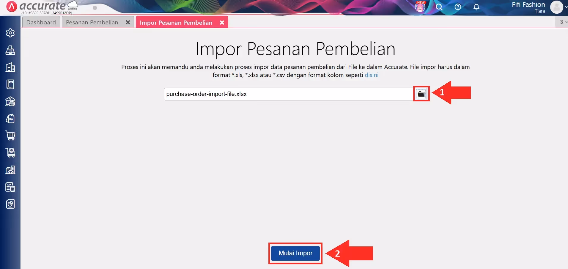 Unggah template excel : impor transaksi pesanan pembelian dari excel