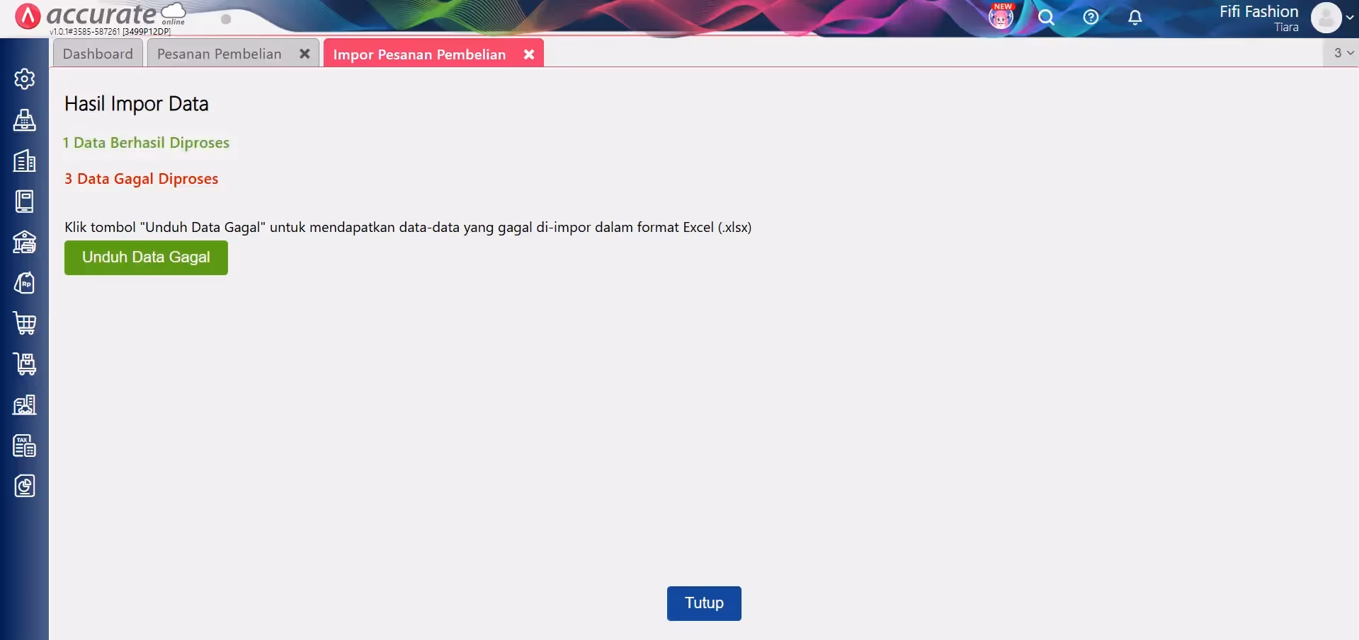 Hasil Impor : impor transaksi pesanan pembelian dari excel