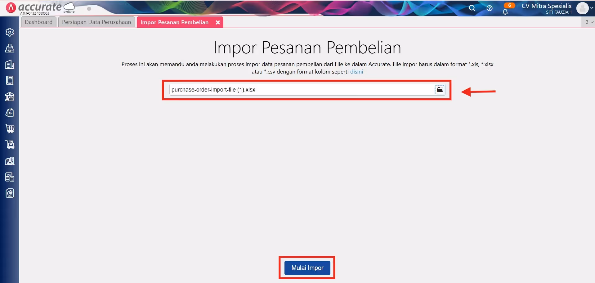 Upload template- Impor Transaksi Pesanan Pembelian dari Luar Negeri