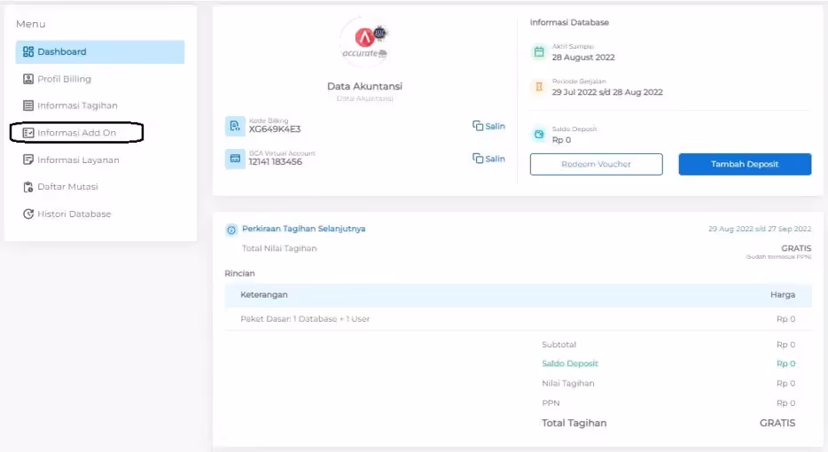 Dashboard aktivasi add on di Accurate Online